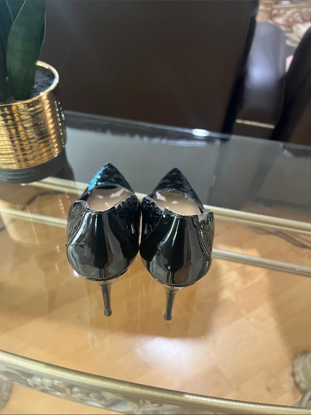 Jessica Simpson Black Patent Pointed Toe Pumps with Floral Embossing